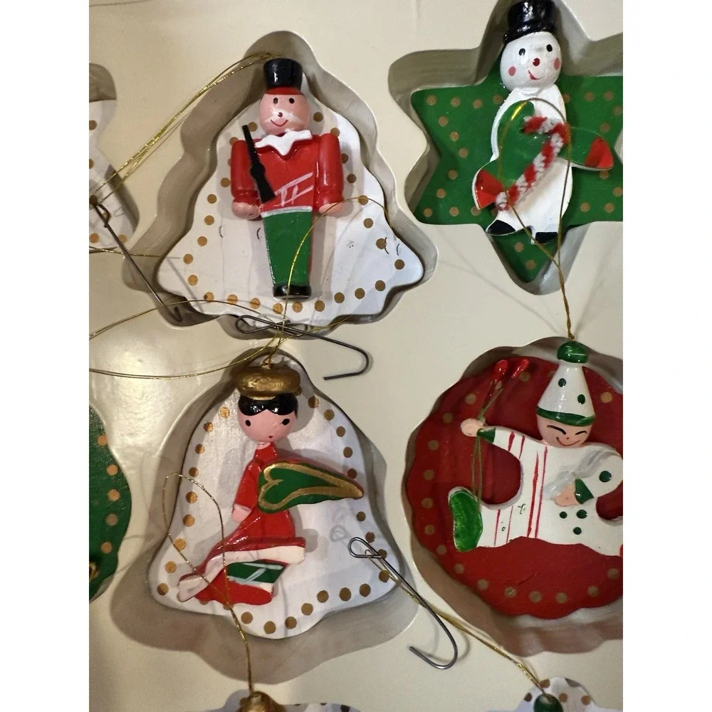 Vintage Christmas 12 Wooden Ornaments Hand Made Hand Painted 3-4